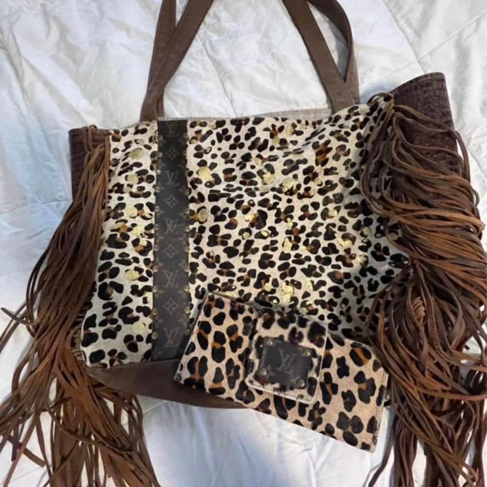 Upcycled Brown Leopard Print Tote Bag with Fringe and matching wallet